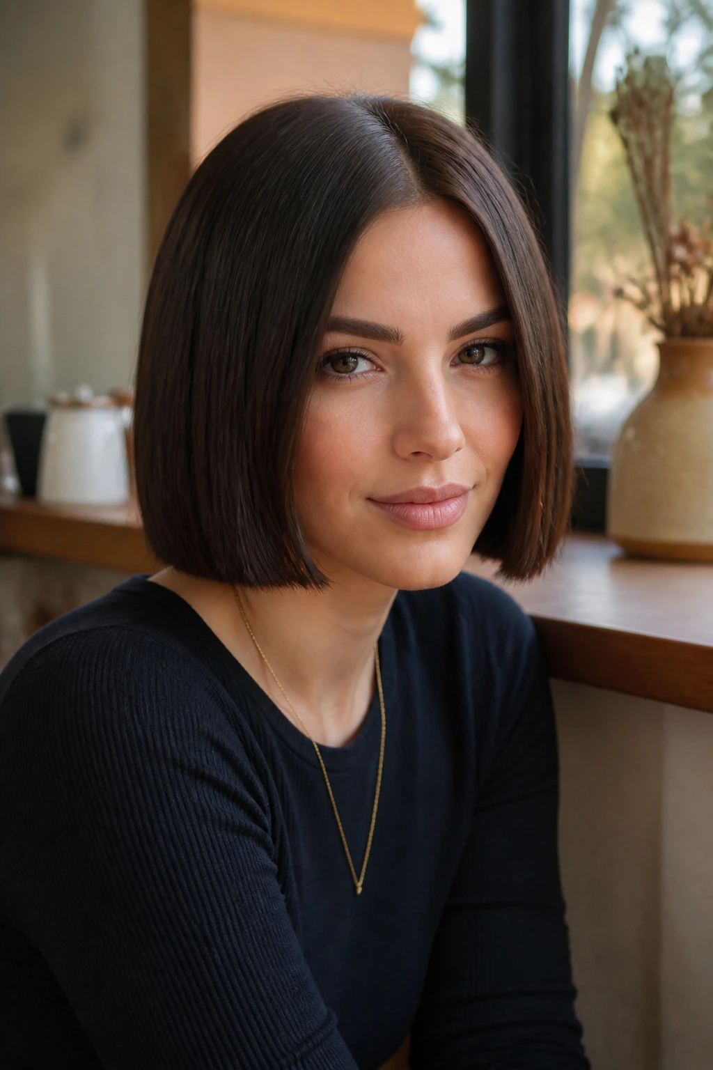 Real woman with blunt-cut bob and middle part, symmetric and modern.