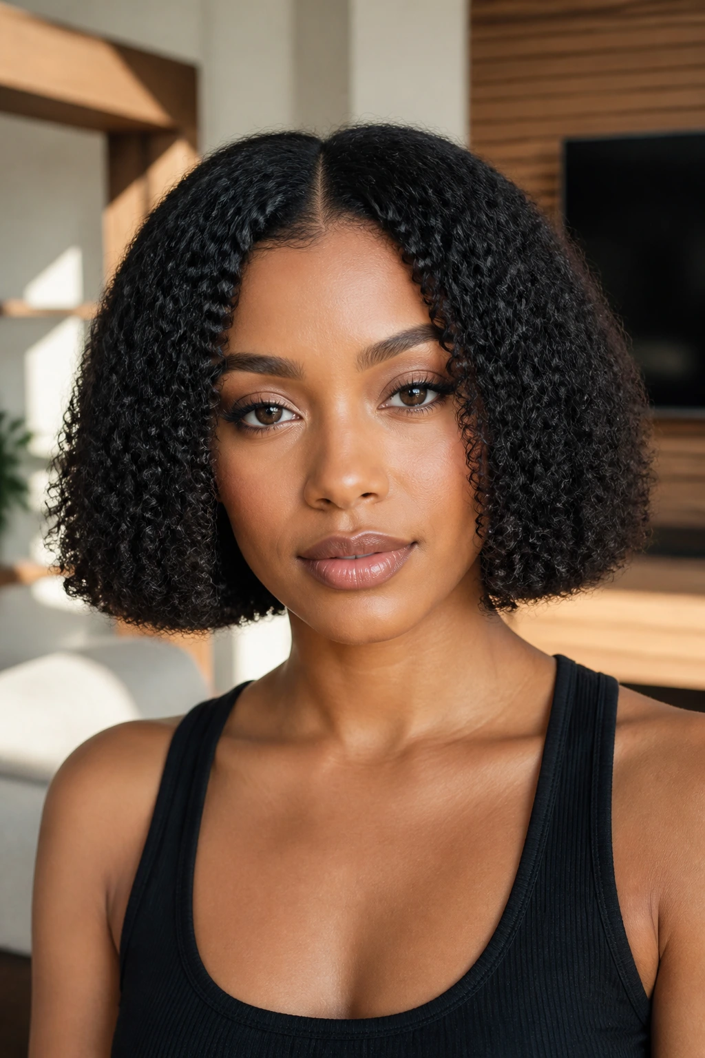 Portrait of a real woman with a blunt-cut bob and minimal layers in a sunlit room