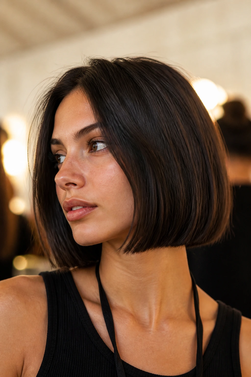 Close-up of a real woman with blunt-cut bob and thinning inside the hair