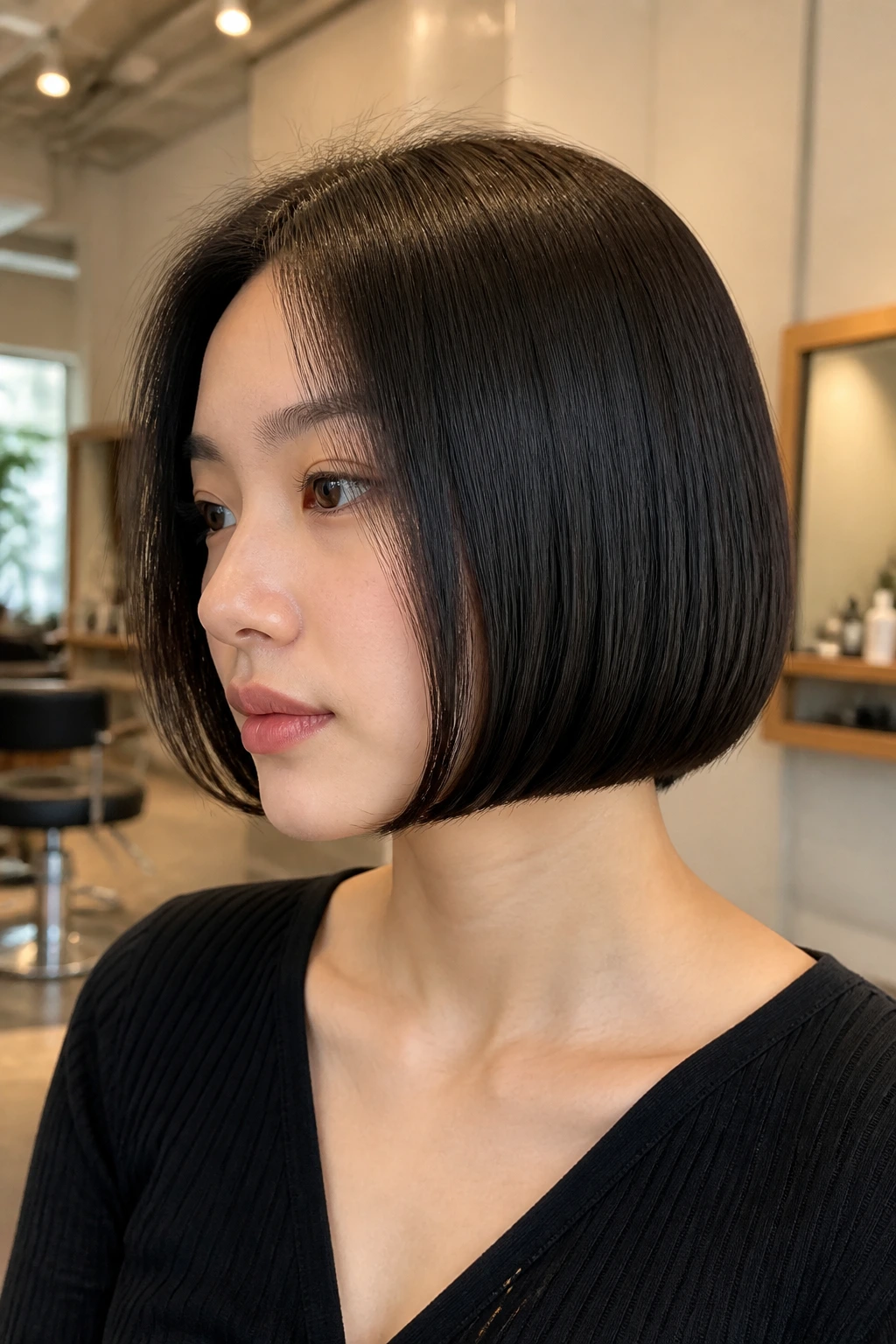 Close-up portrait of a real person with a blunt cut bob and tucked-under ends in a warm salon setting