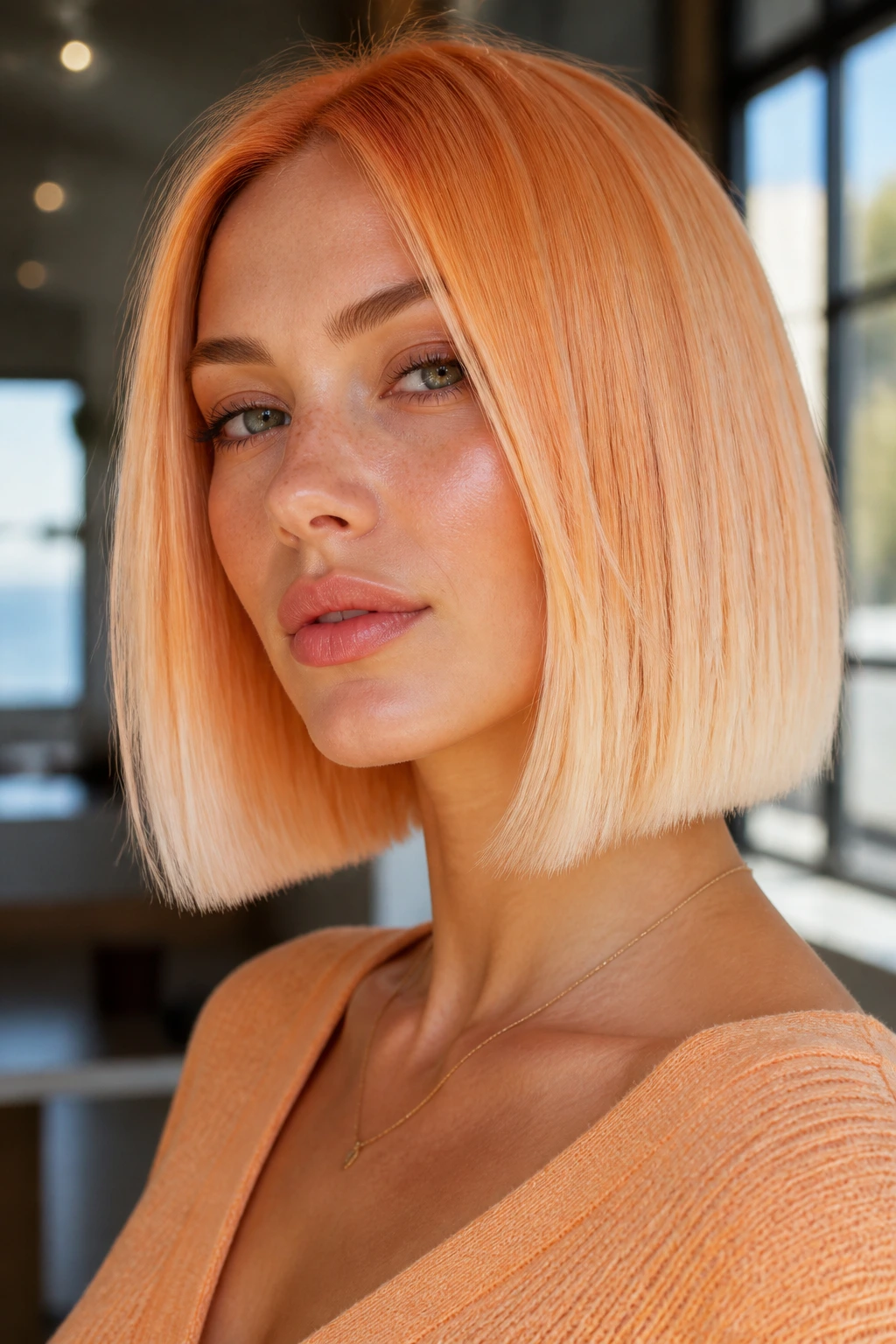 Portrait of a woman with blunt-cut hair and white-gold tips in bright daylight