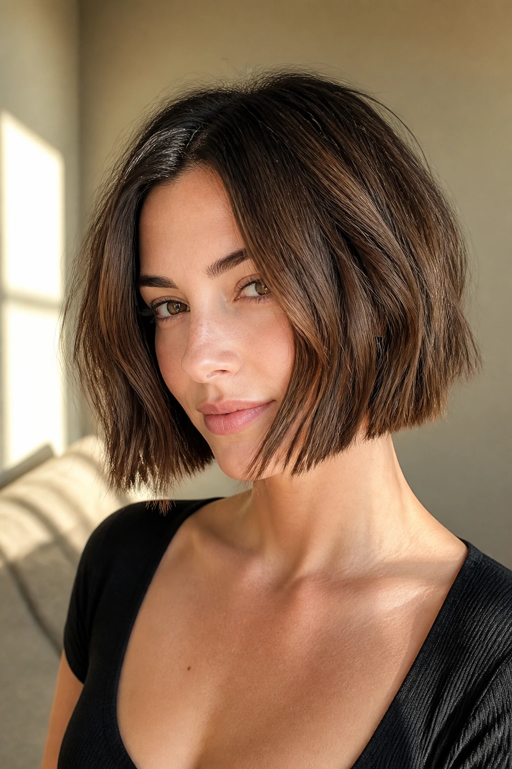 Close-up portrait of a real woman with a blunt jaw-length choppy bob.