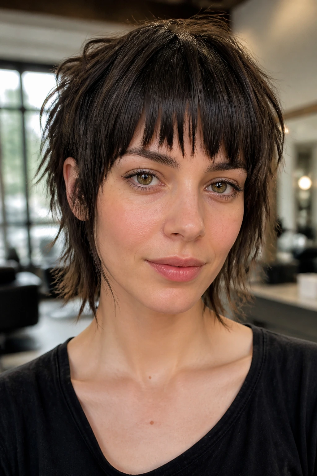 Close-up of a real person with blunt-cut choppy fringe