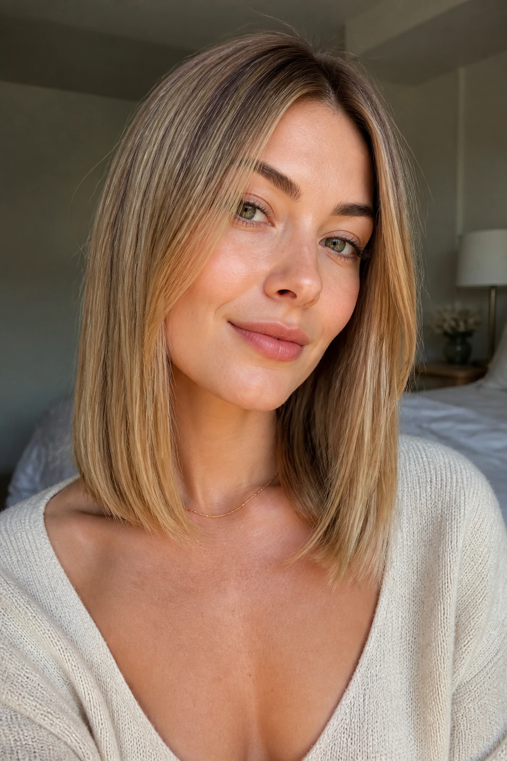 Close-up of clavicle-grazing blunt cut on a real woman with smooth, full hair; natural light.