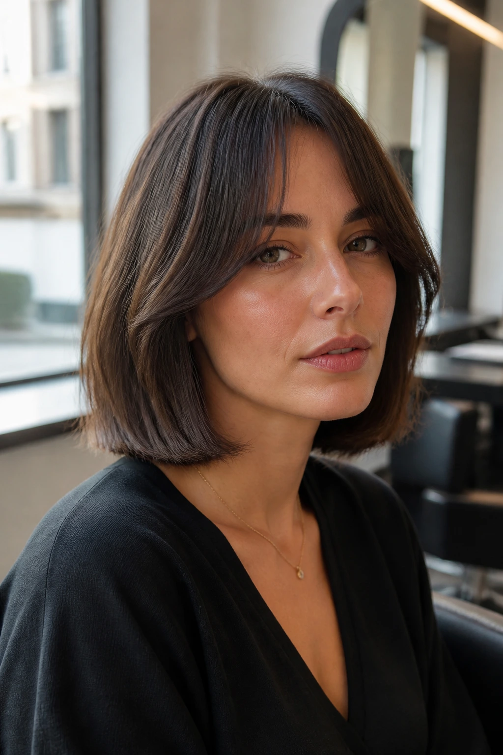 Close-up portrait of a real woman with blunt collarbone-length bob and curtain bangs in a bright salon.