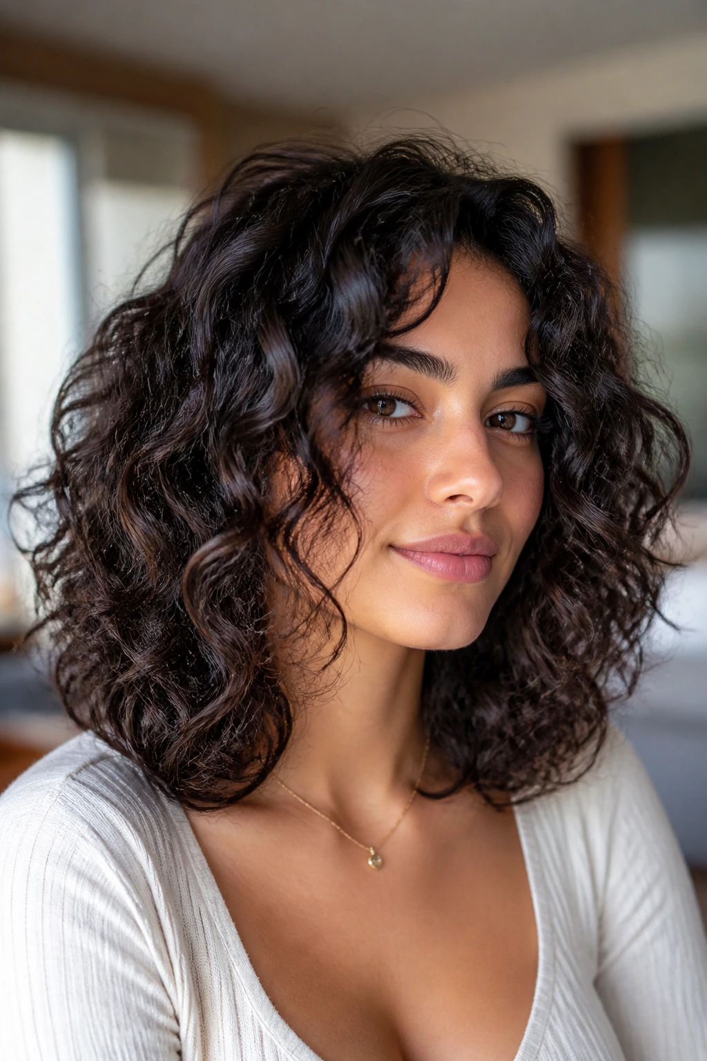 Close-up of a real person with blunt cut curls and subtle face-framing layers