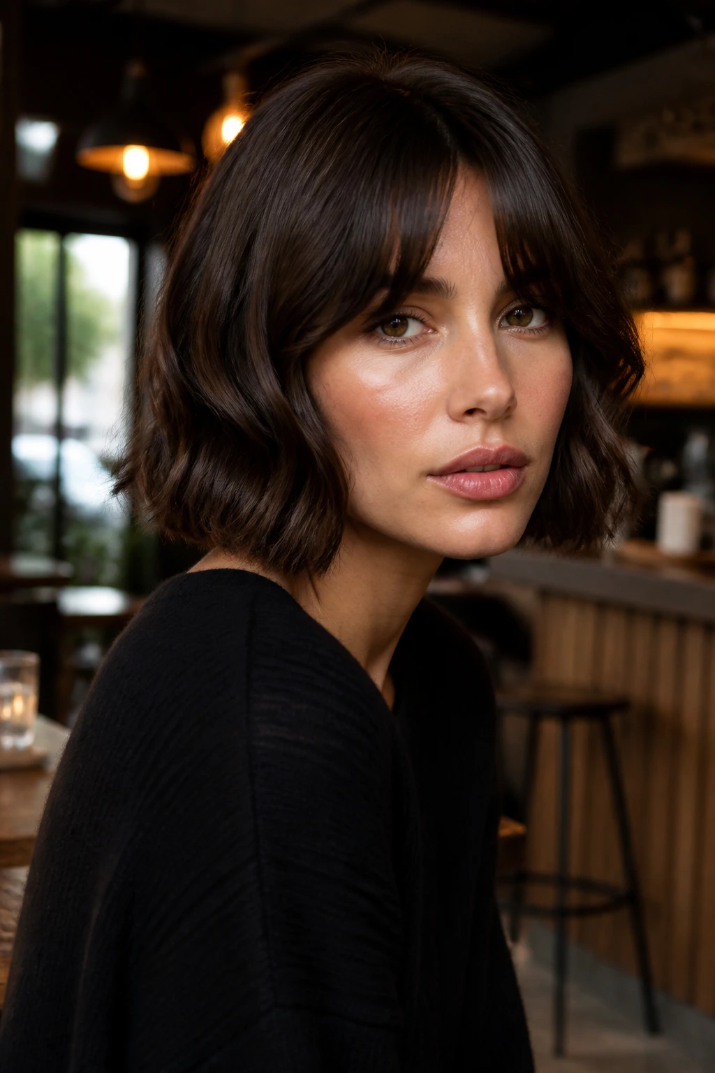 Close-up portrait of a real woman with a blunt cut bob and curtain bangs.