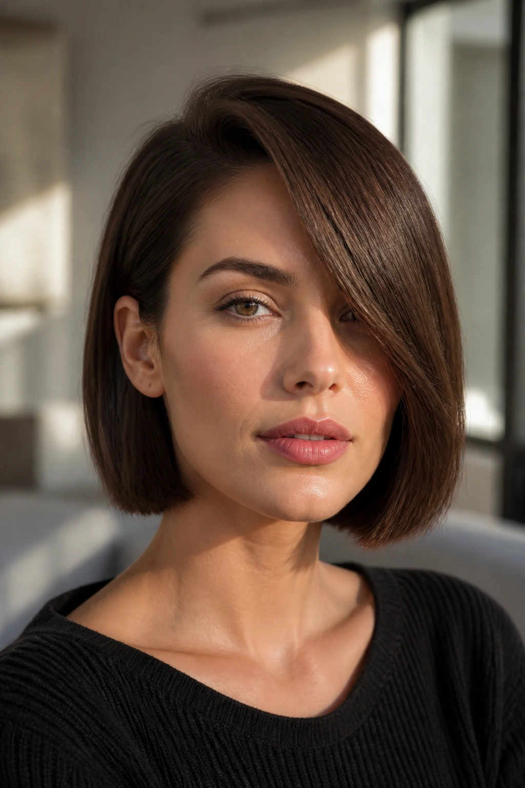 Close-up of a woman with a blunt cut and deep side-swept fringe