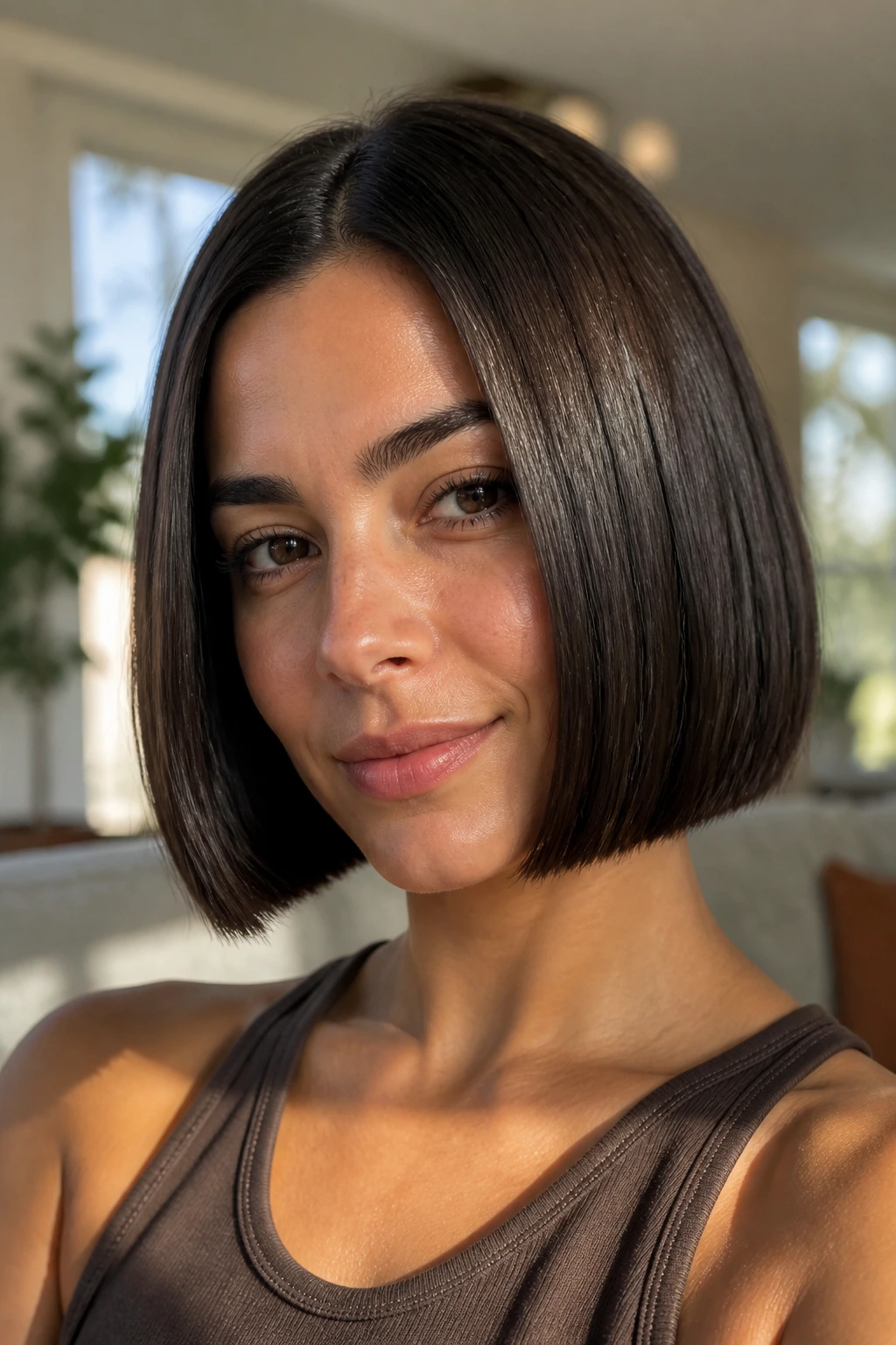 Close-up of a woman with a blunt-cut espresso bob in deep chocolate brown, glossy and thick.