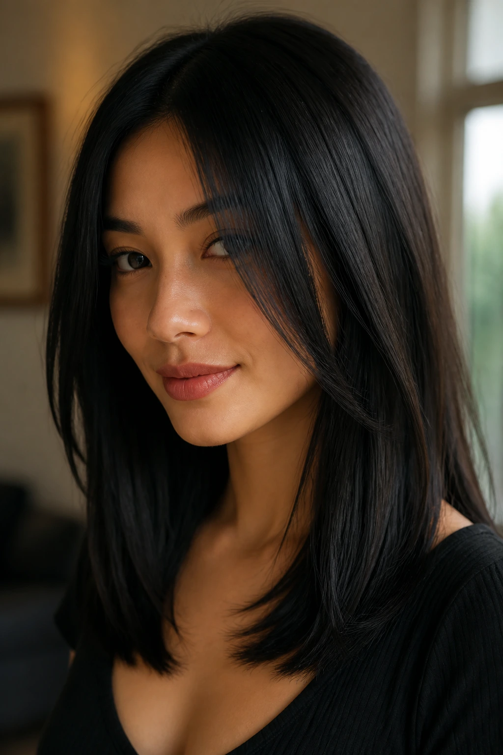 Portrait of a real woman with blunt cut and long face-framing layers in black hair.
