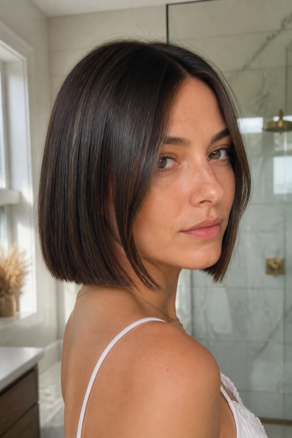 Close-up portrait of a real woman with a blunt cut and face-framing pieces.