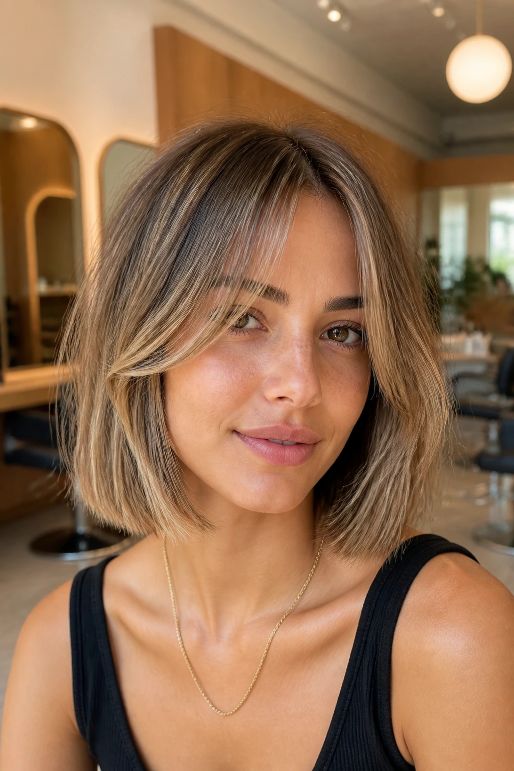 Real woman with blunt bob and feathered curtain bangs in a bright salon