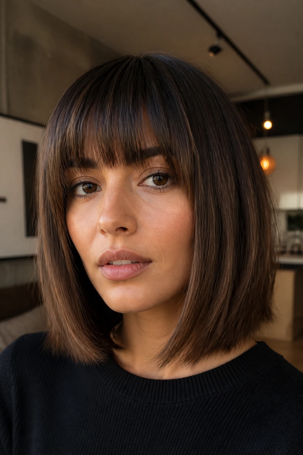Close-up of a real woman with blunt-cut bangs and feathered interiors in natural light