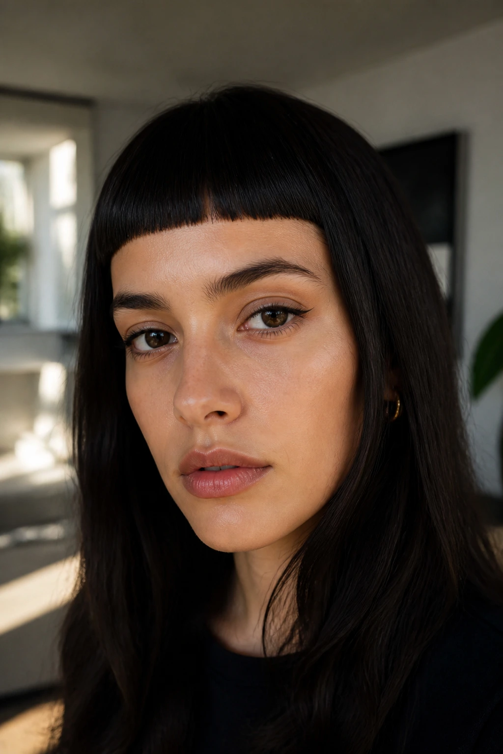 Real person with an architectural blunt-cut fringe