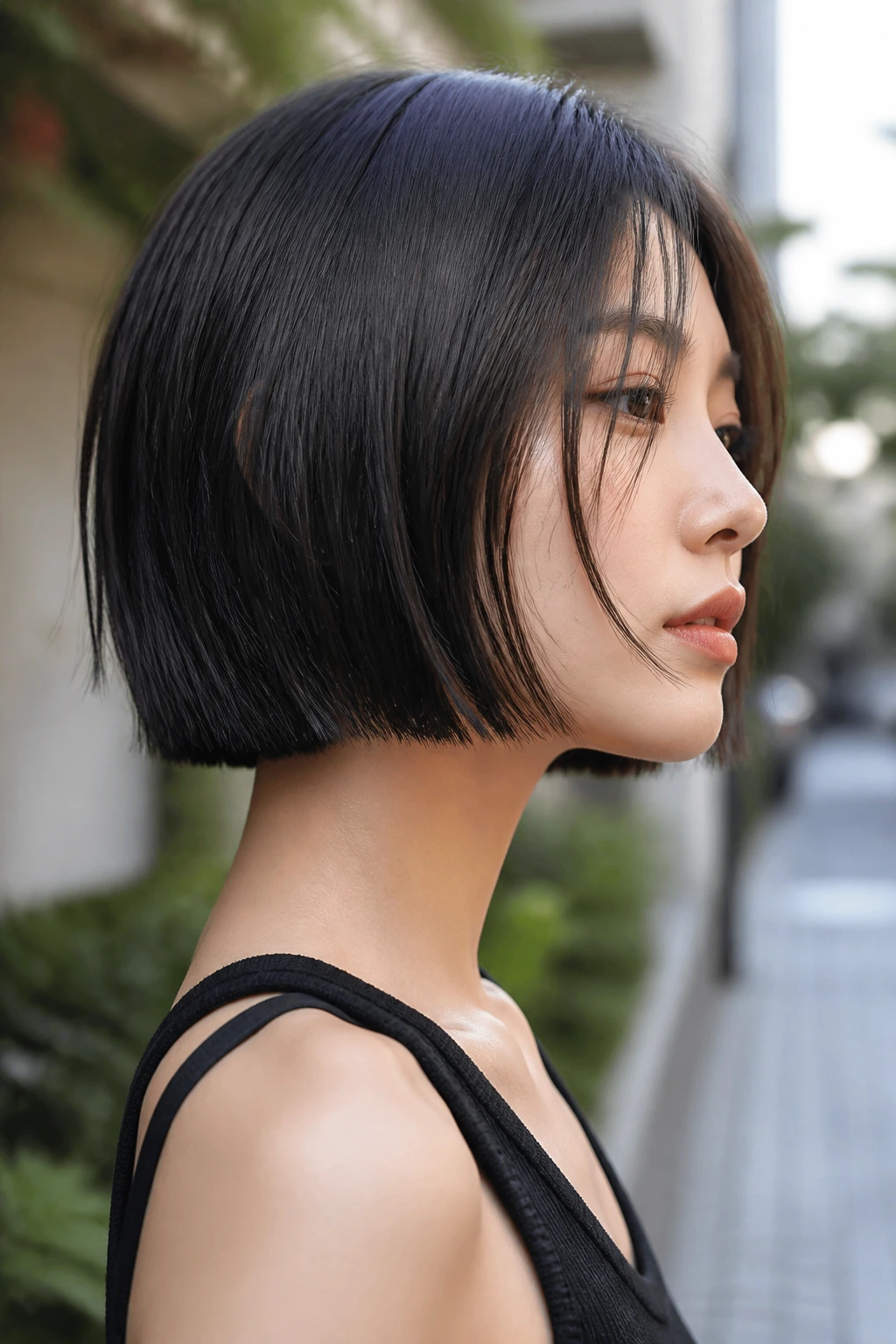 Close-up portrait of a real Asian woman with blunt bob and interior layers in daylight