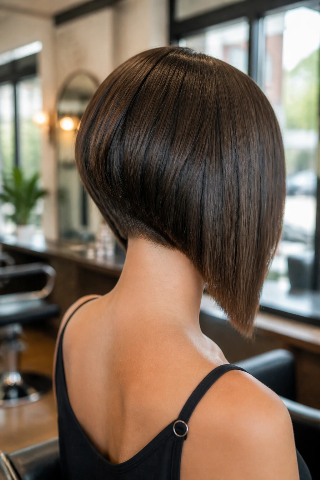 Rear three-quarter view of woman with blunt-cut graduated lob