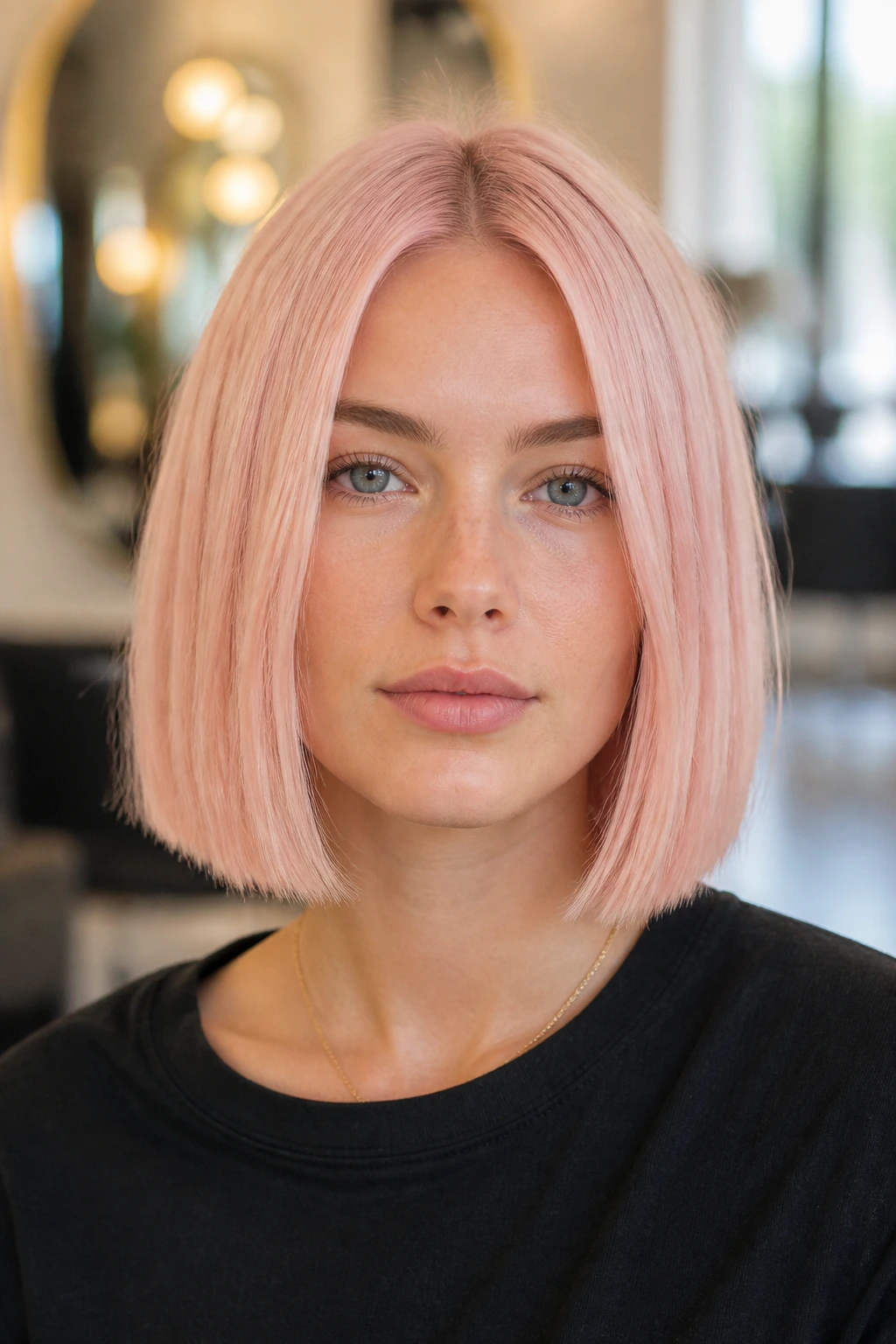 Front portrait of a real person with blunt cut pastel hair