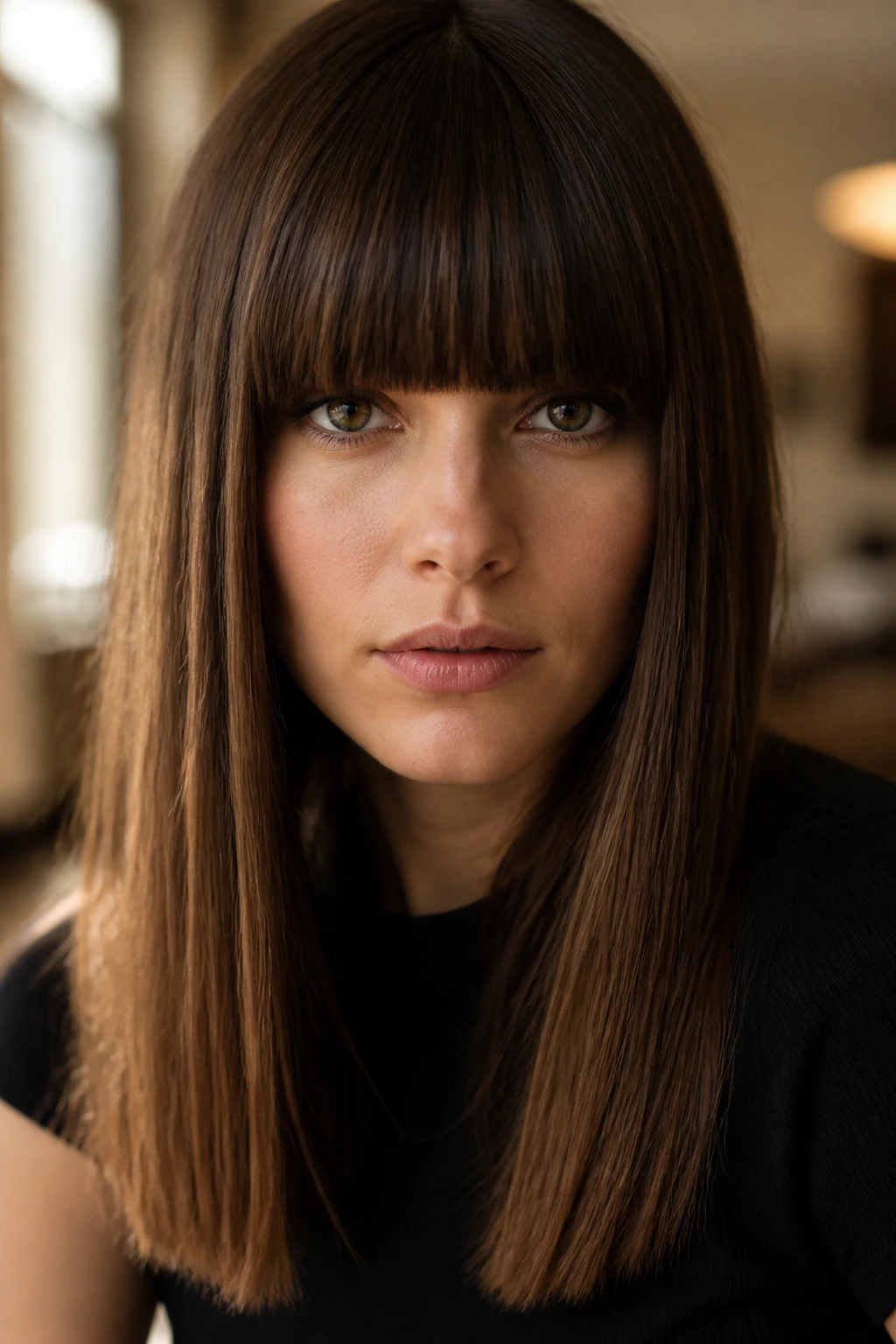 Close-up of a real woman with blunt-cut hair and heavy bangs in soft window light