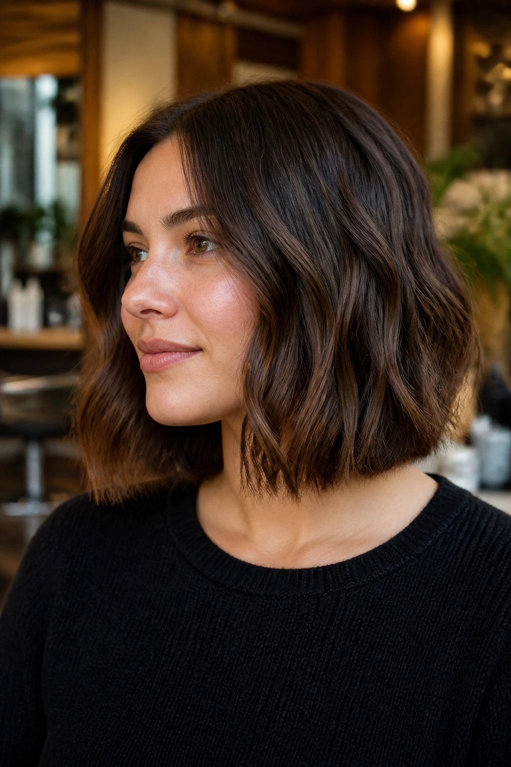 Close-up of a real woman with a blunt-cut bob and hidden layers in a warm salon setting