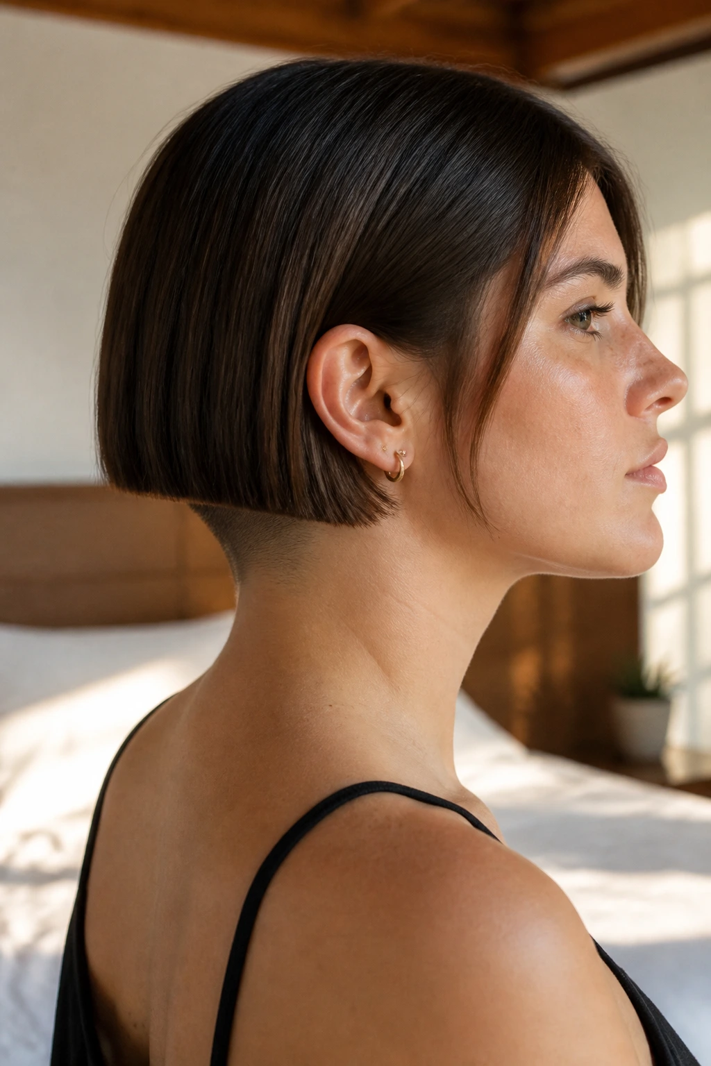Real person with minimalist blunt cut and hidden nape shave in a sunlit bedroom.