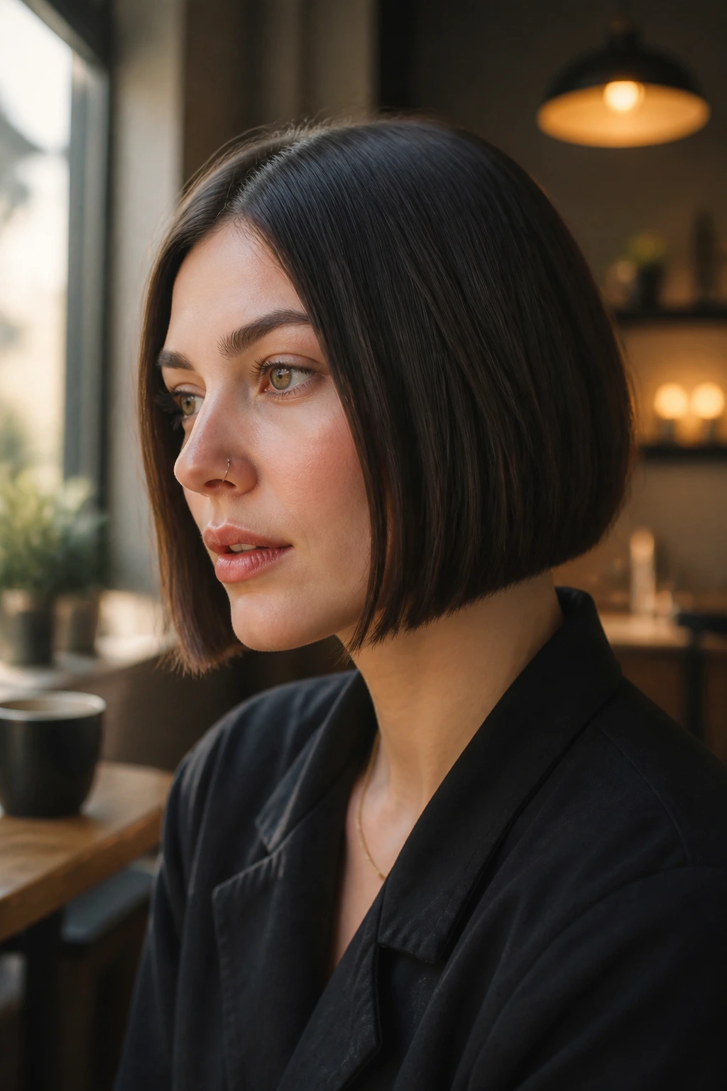 Close-up of a person with a blunt cut bob and hidden nape shave