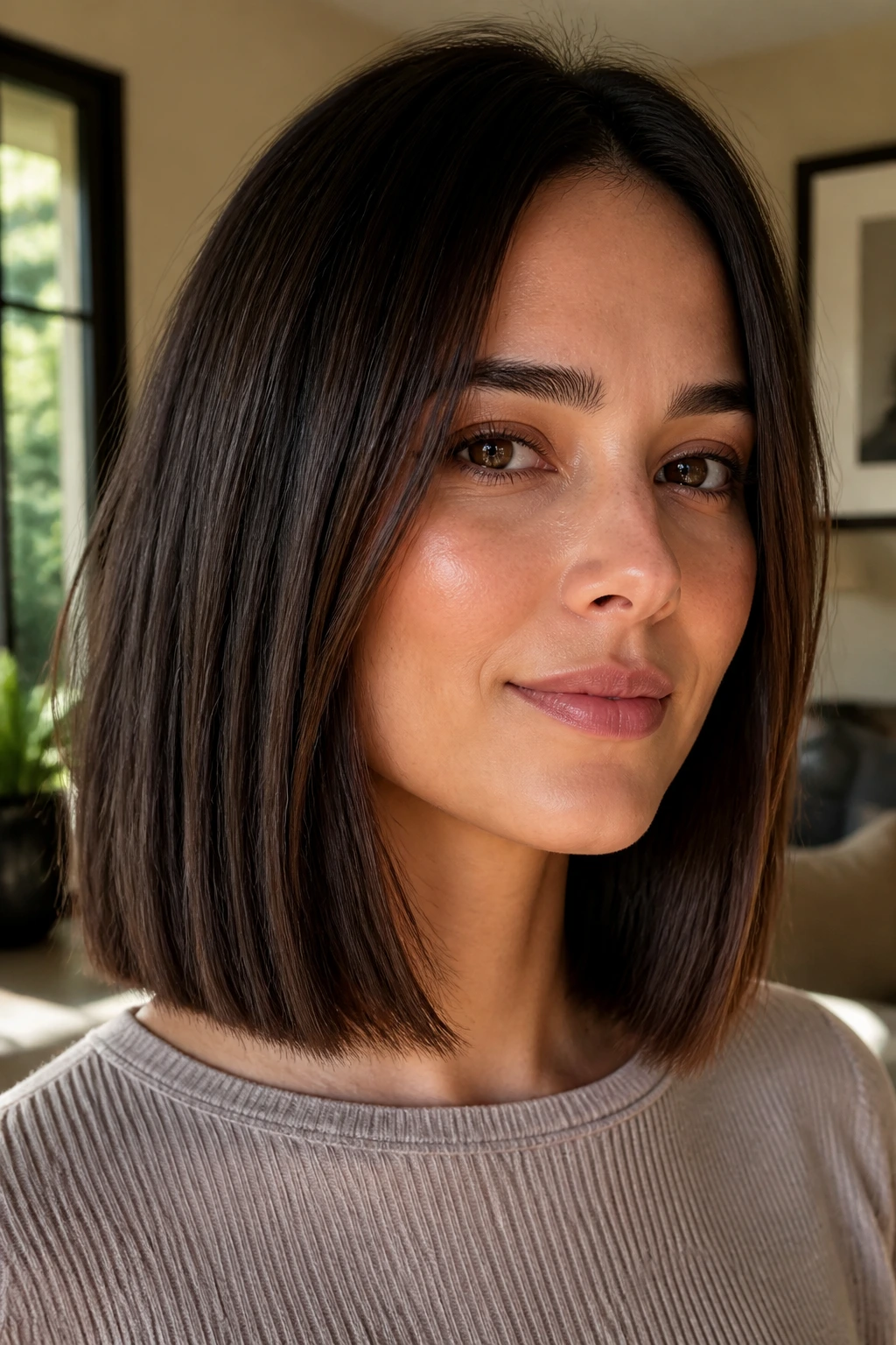 Close-up of a real woman with a blunt cut long bob showing hidden texture