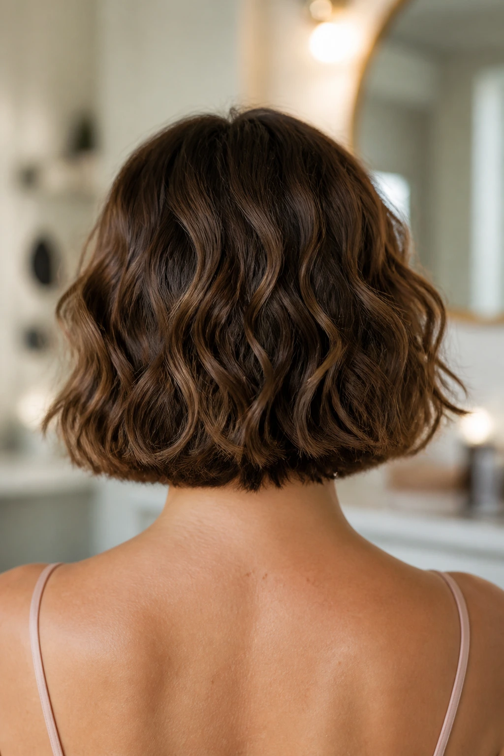 Back view of a real woman with blunt cut and hidden thinning in the nape