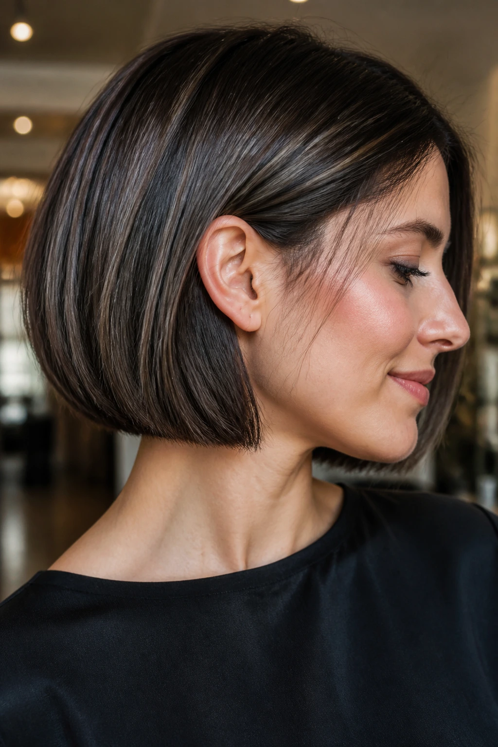 Portrait of a real woman with a blunt cut and hidden undercut layers.