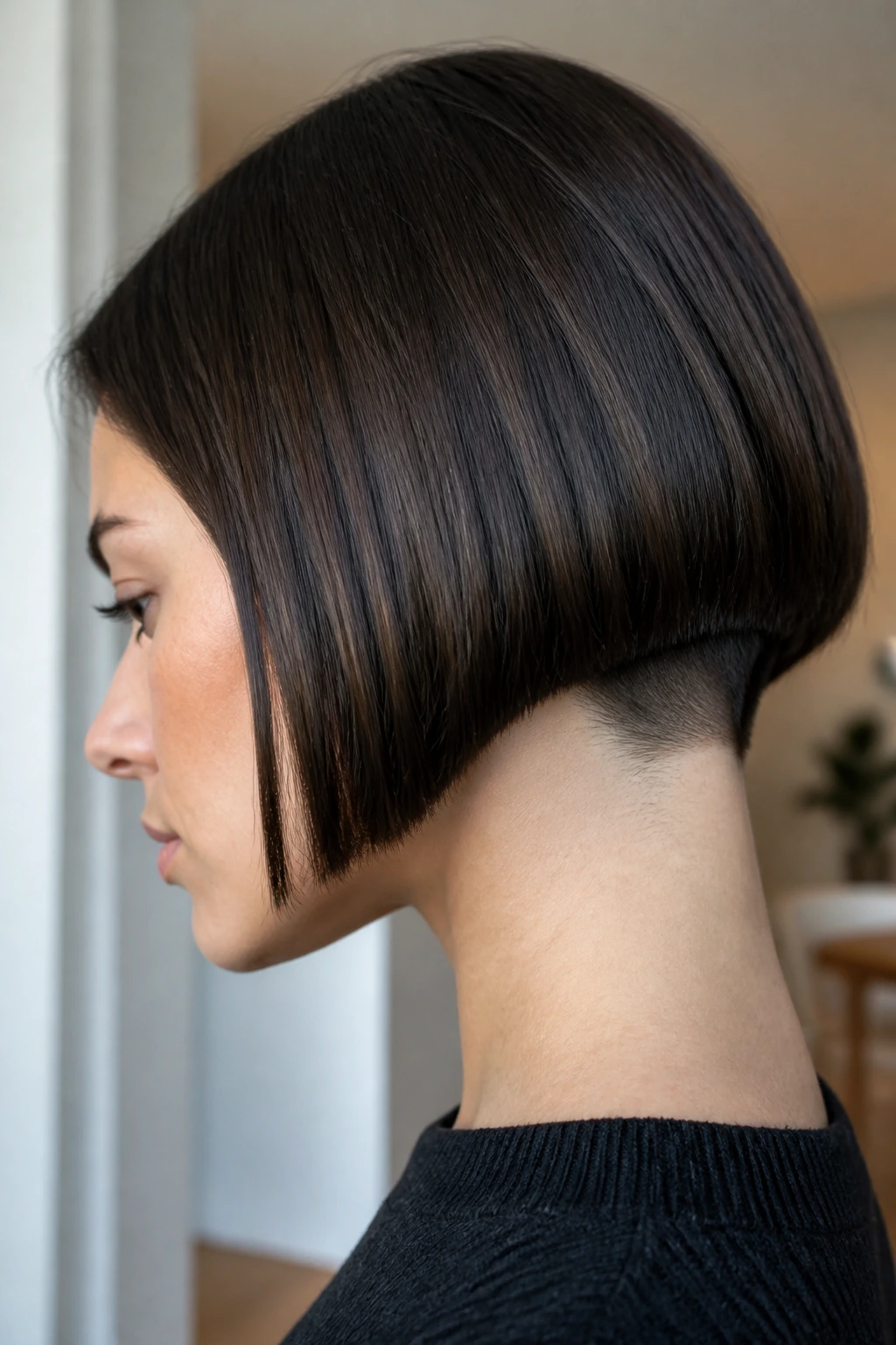 Close-up portrait of a real person with blunt bob and hidden undercut at the nape.