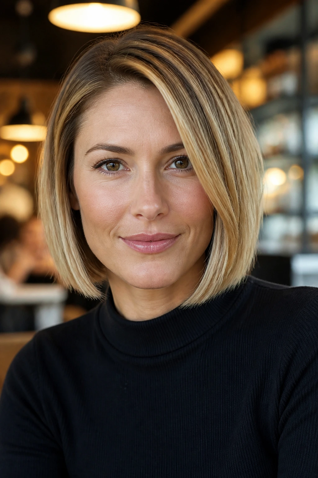 Close-up of blunt cut hair with dimensional highlights and off-center part