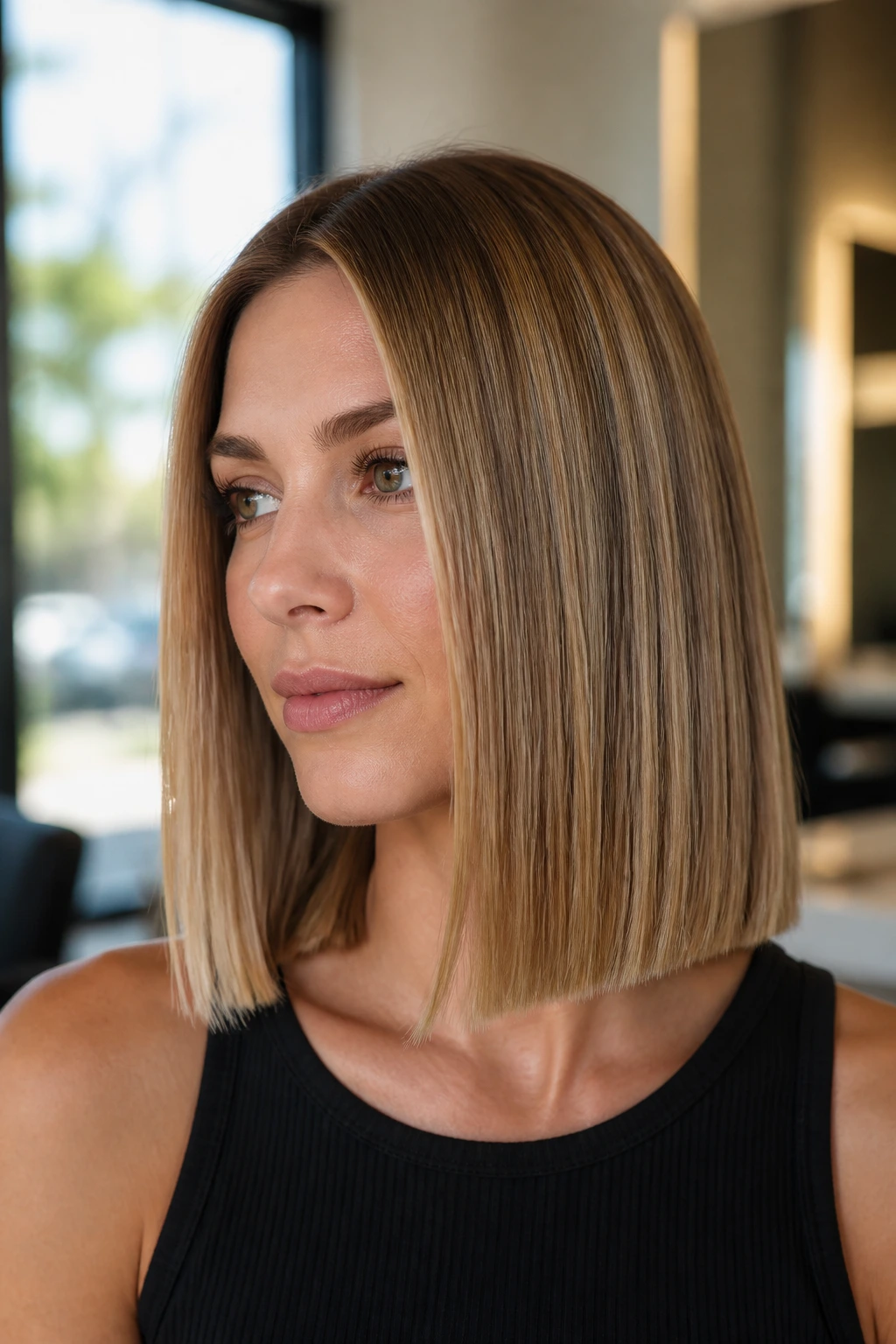 Close-up of a woman with a blunt cut and highlights