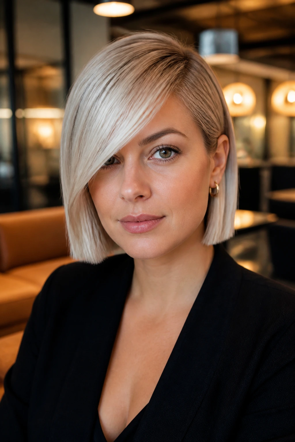 Portrait of a woman with a blunt cut and deep side sweep in icy blonde