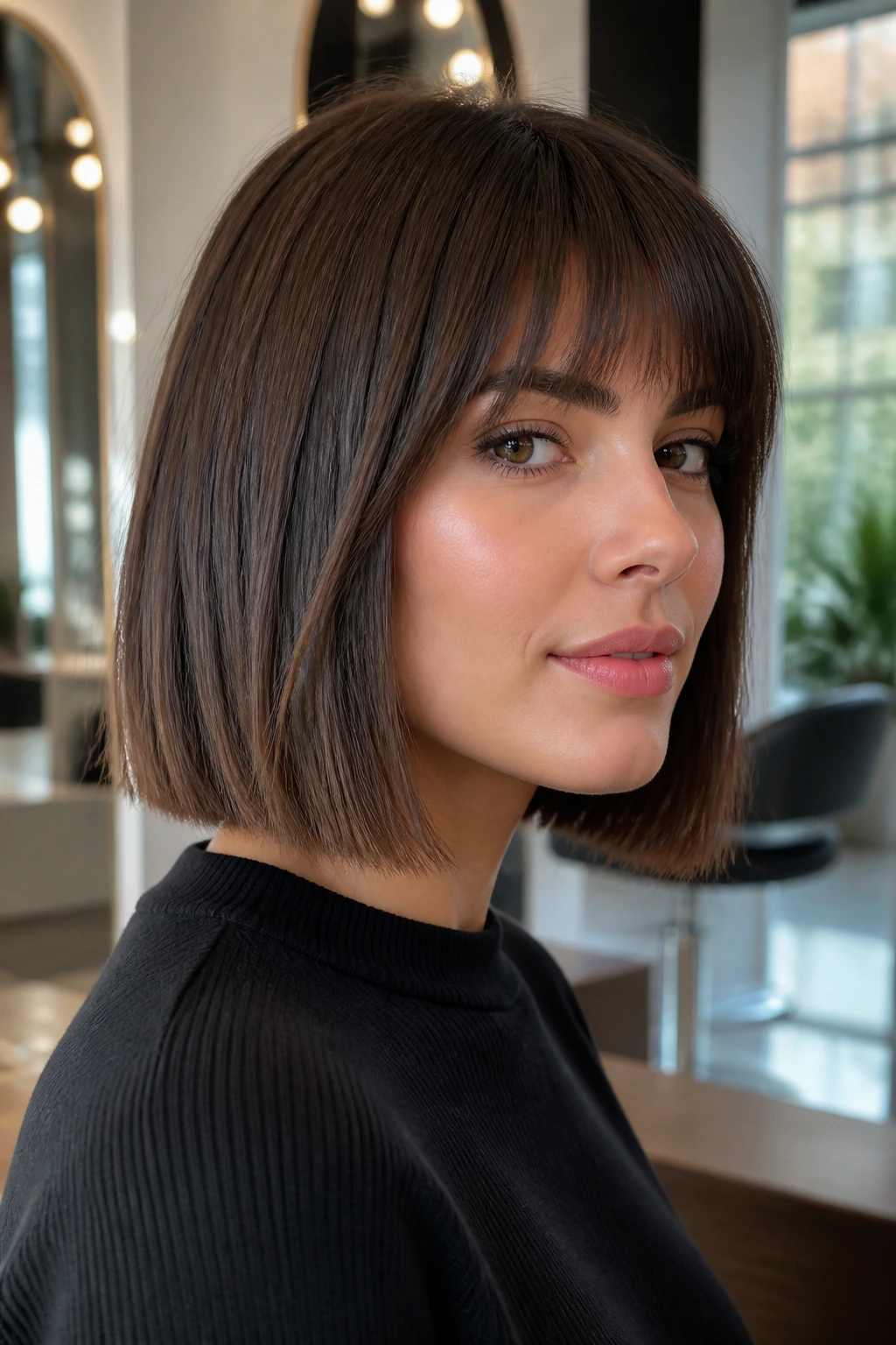 Portrait of a woman with blunt exterior and hidden interior layers in a modern salon.