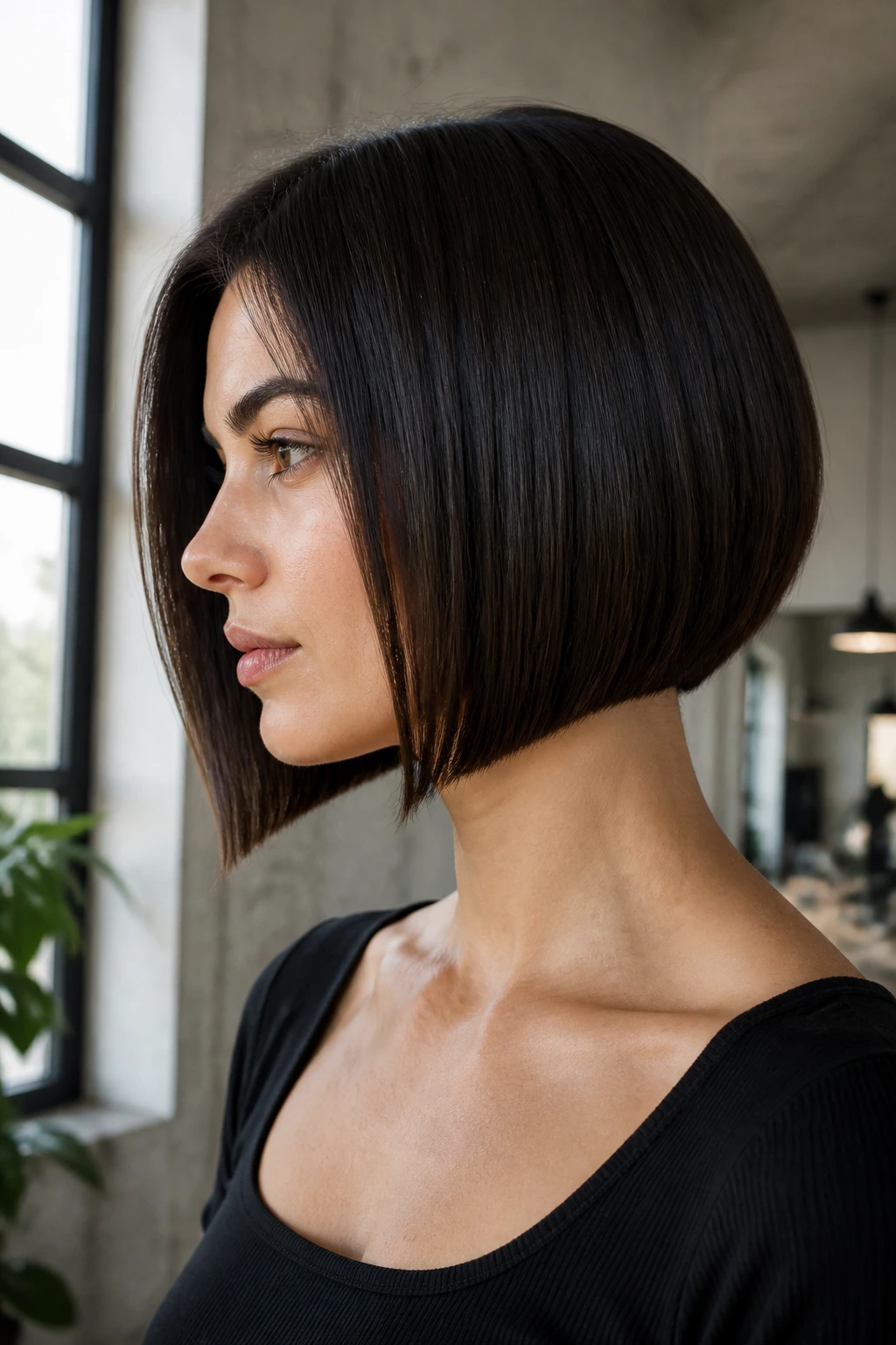 Close-up portrait of a real woman with blunt inverted bob and glossy glass-hair shine