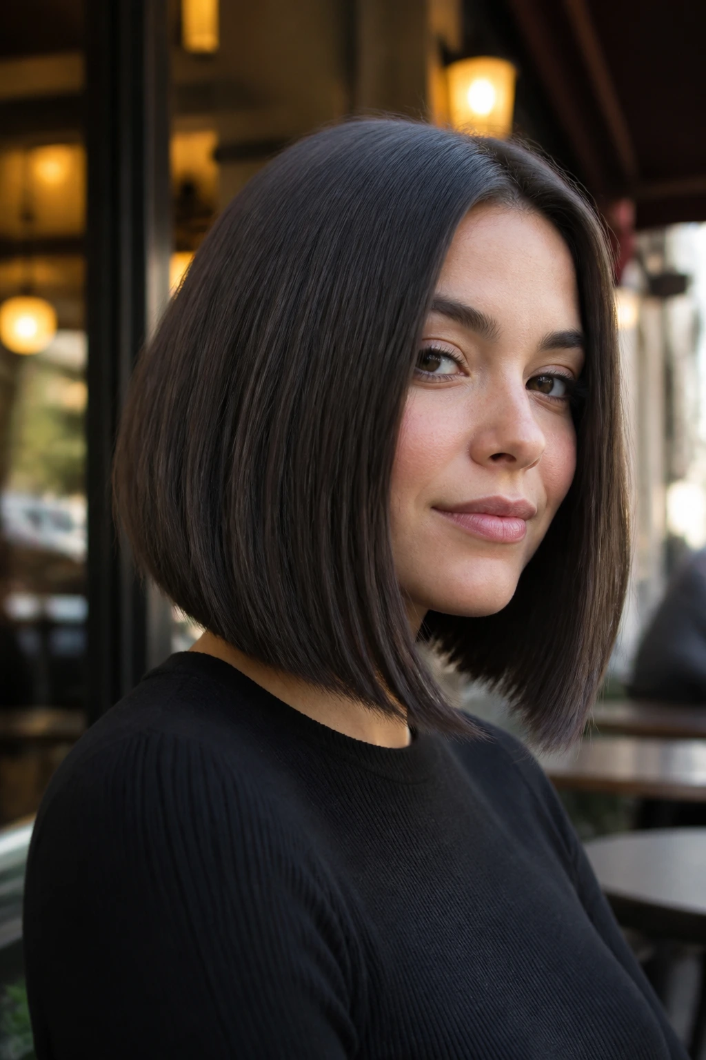 Real woman with blunt-cut inverted lob in urban cafe setting