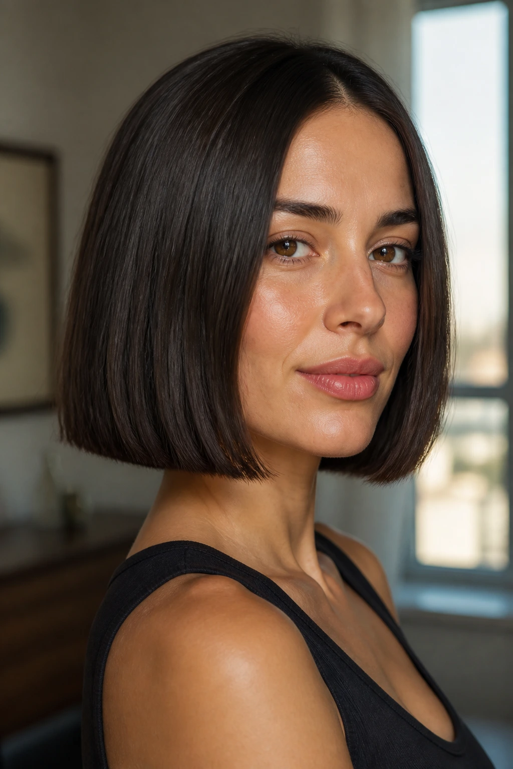 Close-up of a real woman with a blunt cut with hidden layers