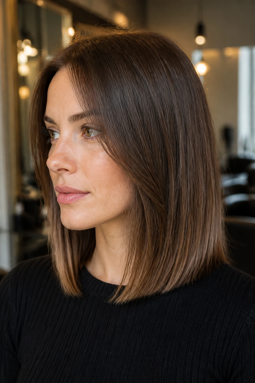 Medium close-up of a real woman with a mid-length blunt cut and invisible layers creating crown lift.