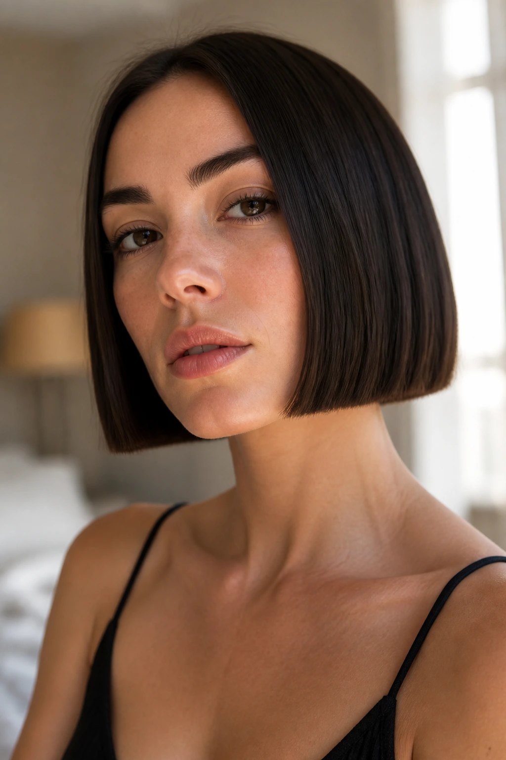 Close-up of a real woman with a blunt-cut micro bob at jawline in natural window light.