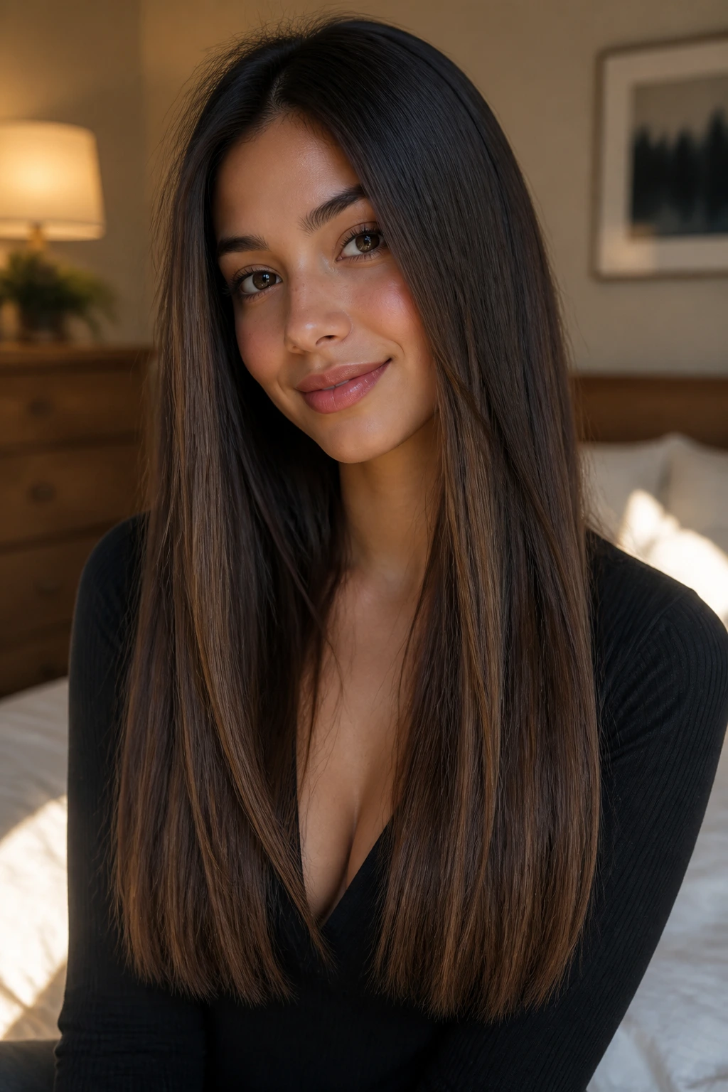 Close-up portrait of a real person with a blunt cut and invisible layers