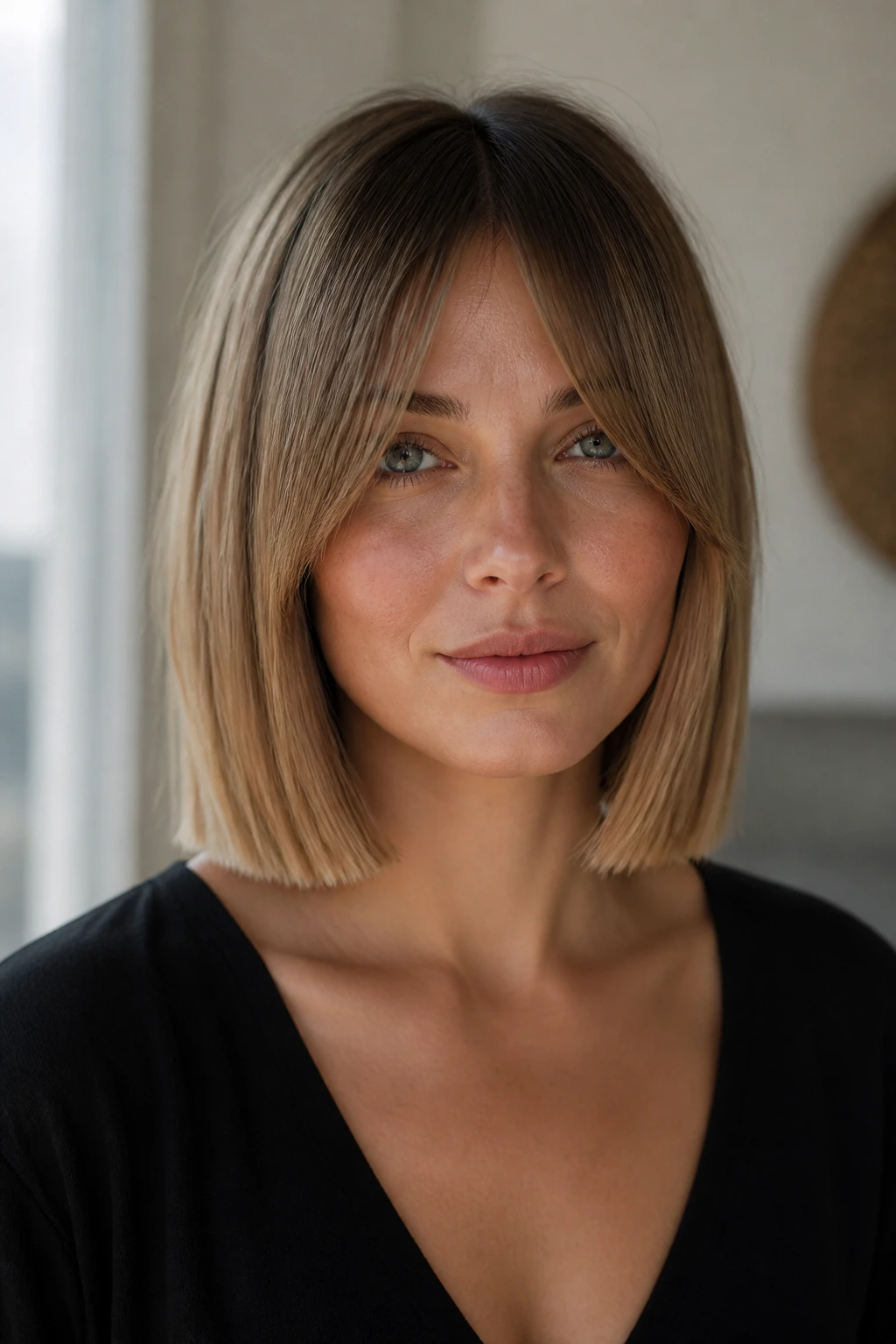 Close-up portrait of a real woman with blunt-cut lob and center-parted bangs.