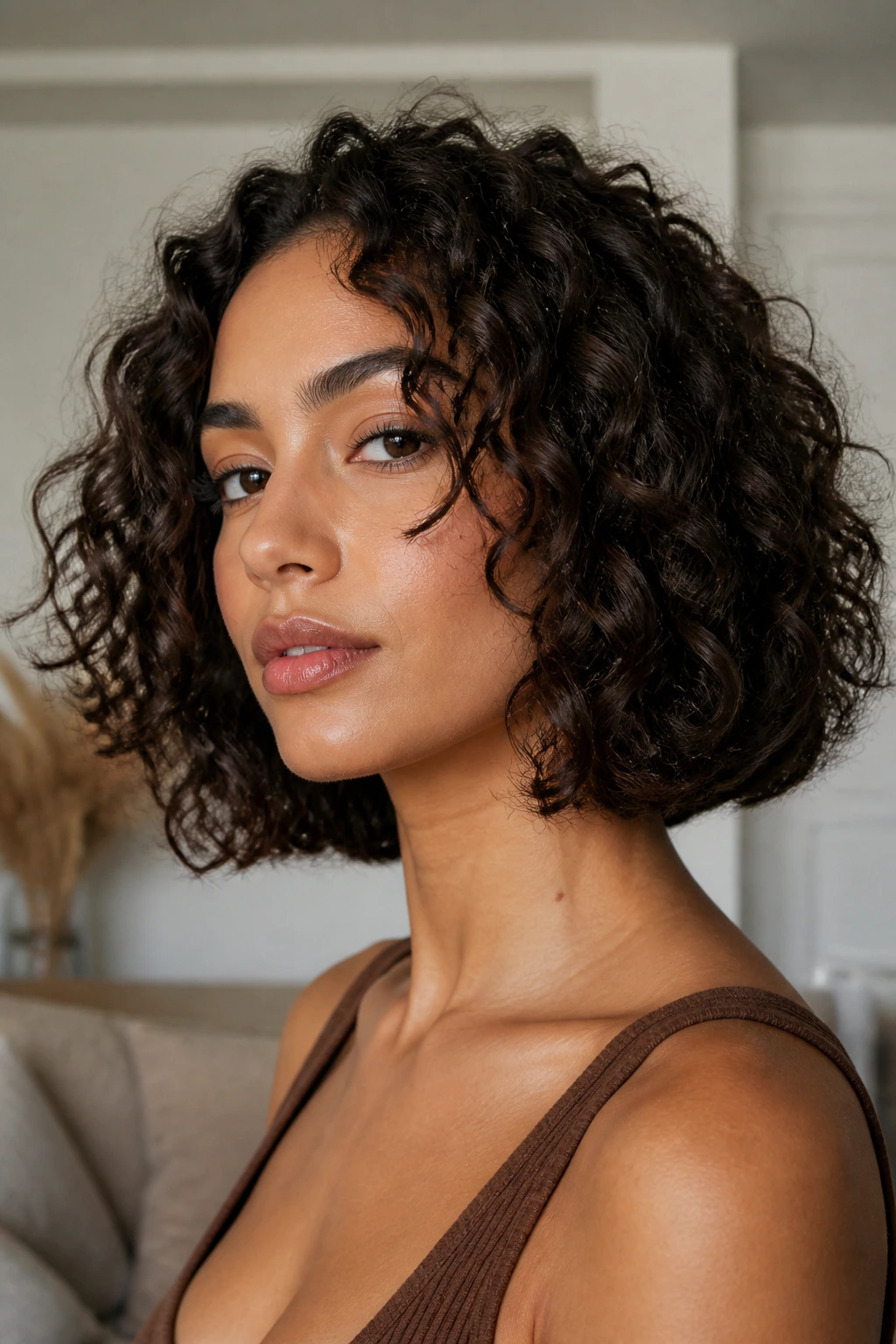 Close-up of a real woman with a blunt-cut curly lob and crisp ends