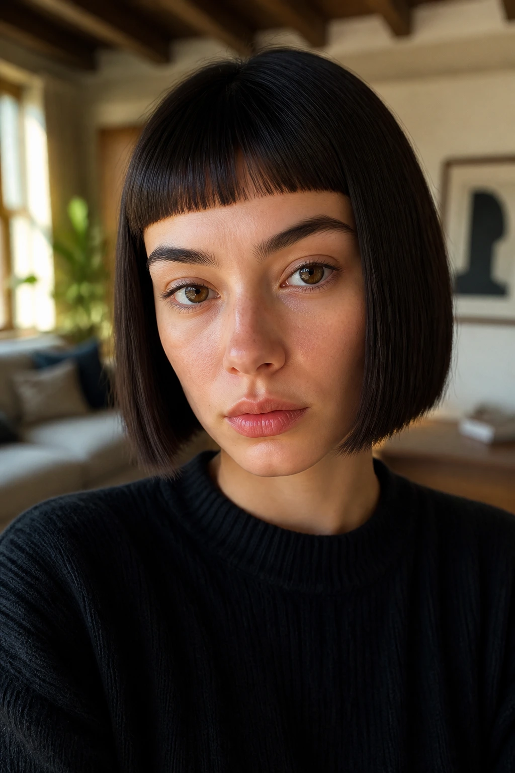 Close-up portrait of a real woman with a blunt bob and micro-bangs.