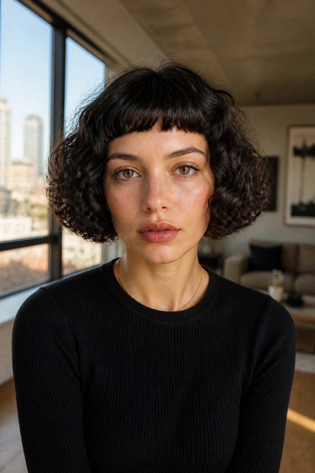 Front-facing portrait of a real woman with blunt-cut curly bob and micro-bangs.