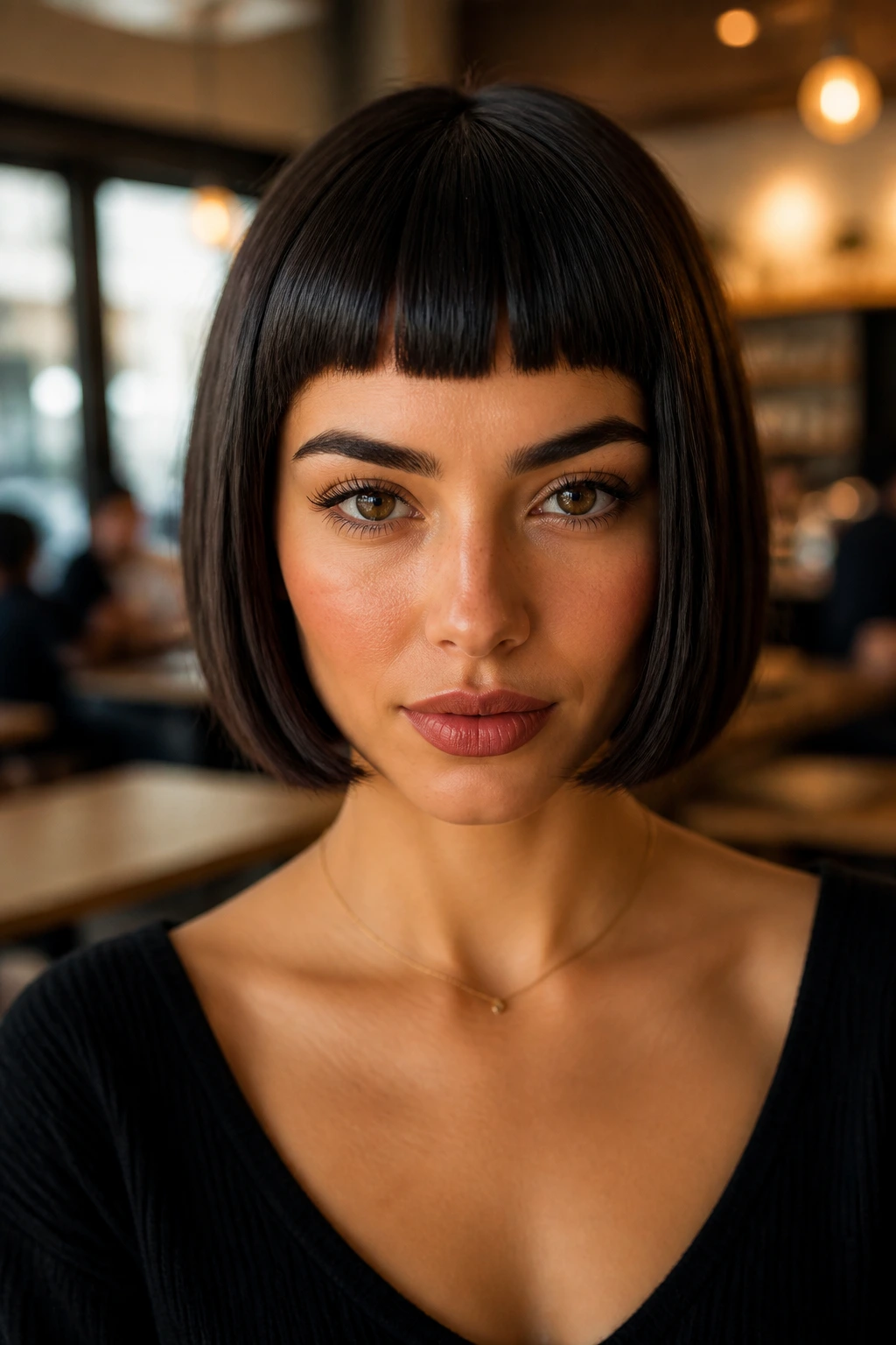 Real woman wearing a wig with a blunt bob and micro-bangs in a chic cafe setting.