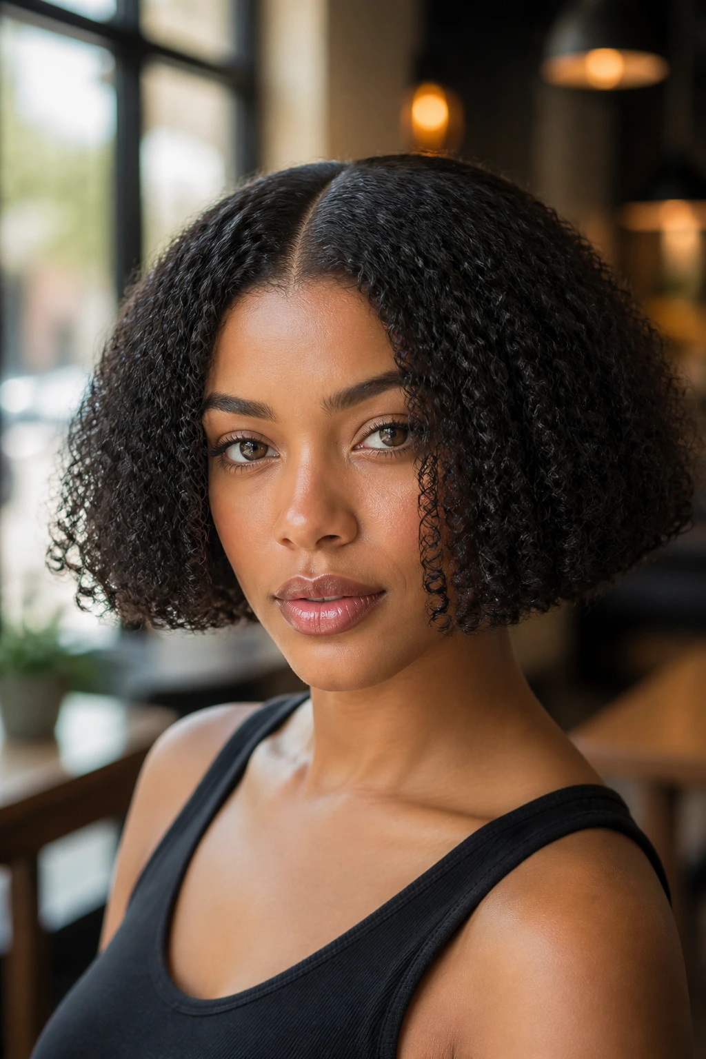 Close-up portrait of real person with blunt cut bob and middle part