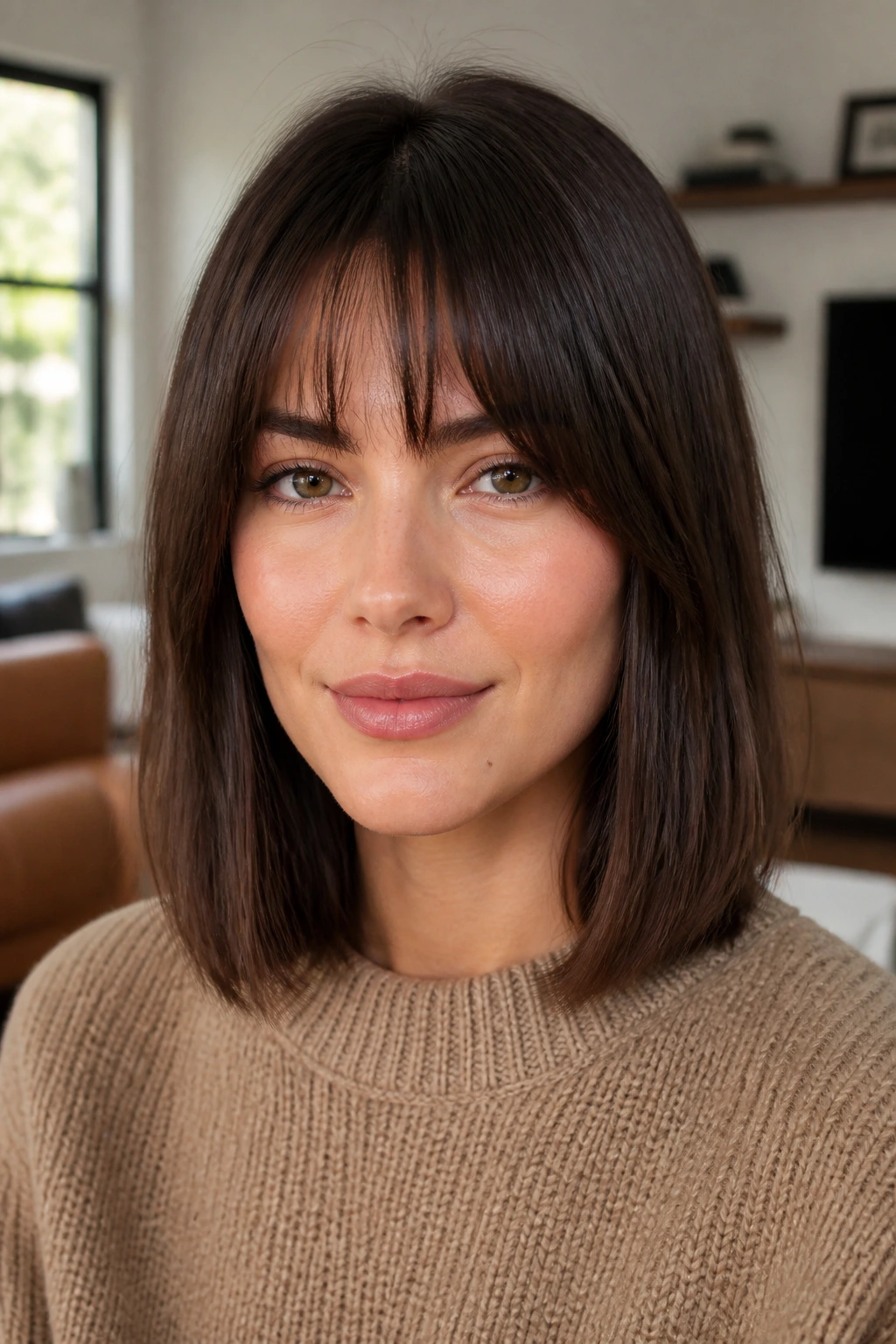 Portrait of a woman with blunt-cut midi and wispy fringe
