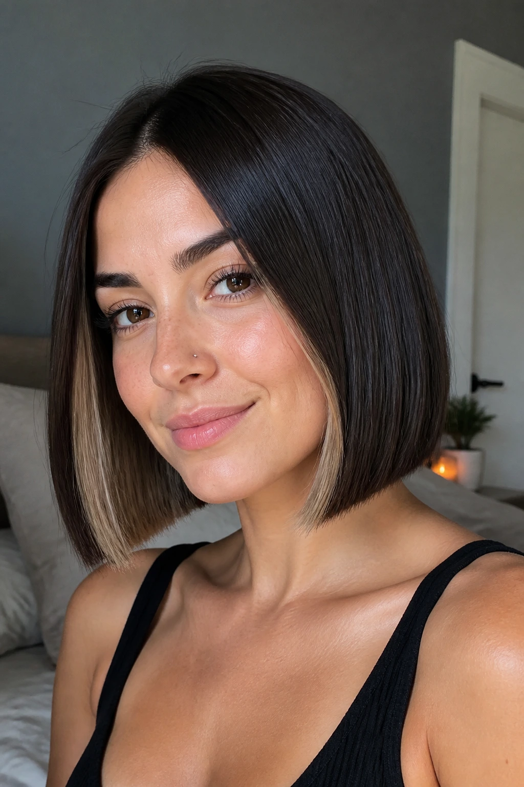 Close-up portrait of a real woman with blunt cut and peek-a-boo color creating depth