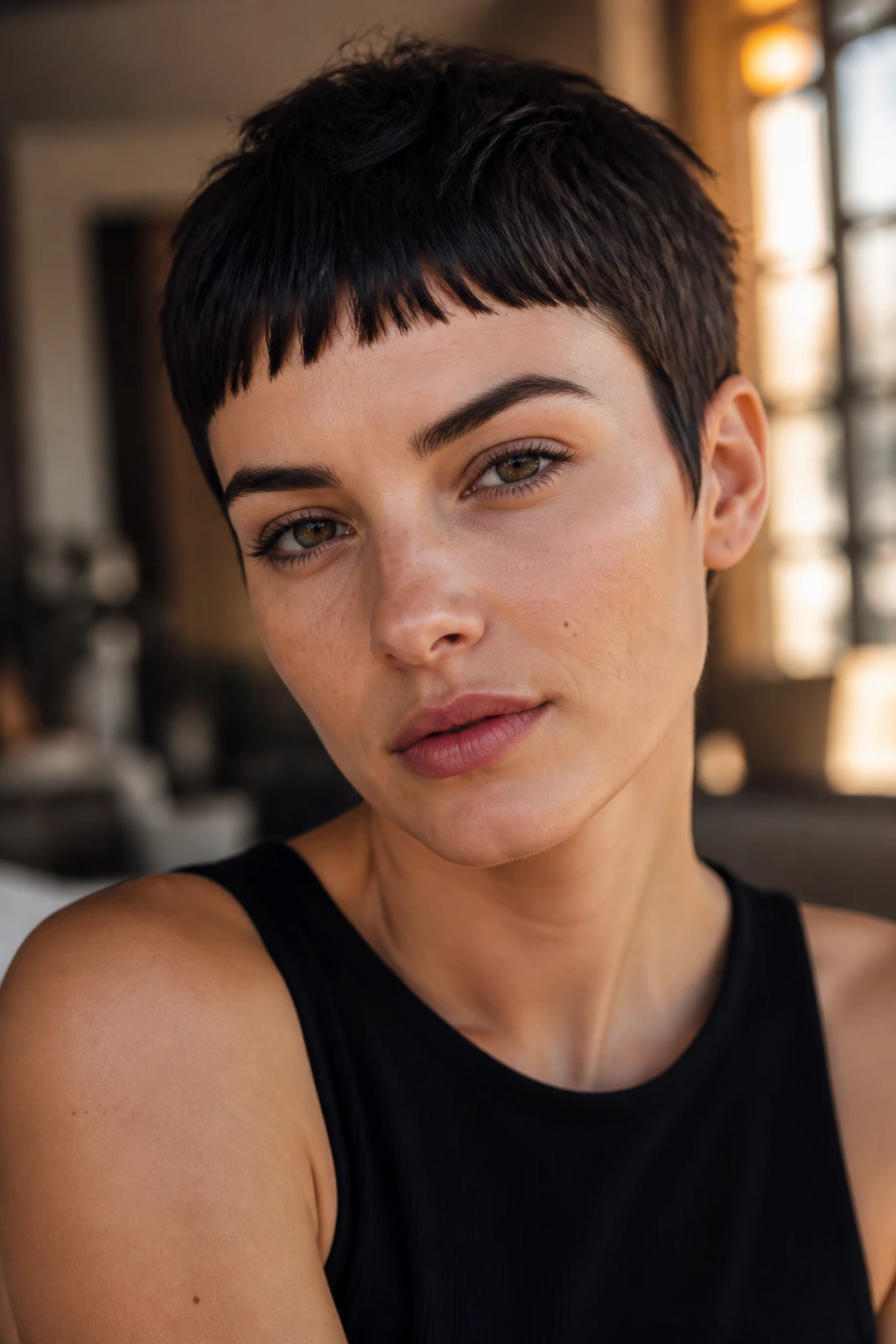 Close-up portrait of a woman with blunt-cut pixie and micro-bangs in warm window light