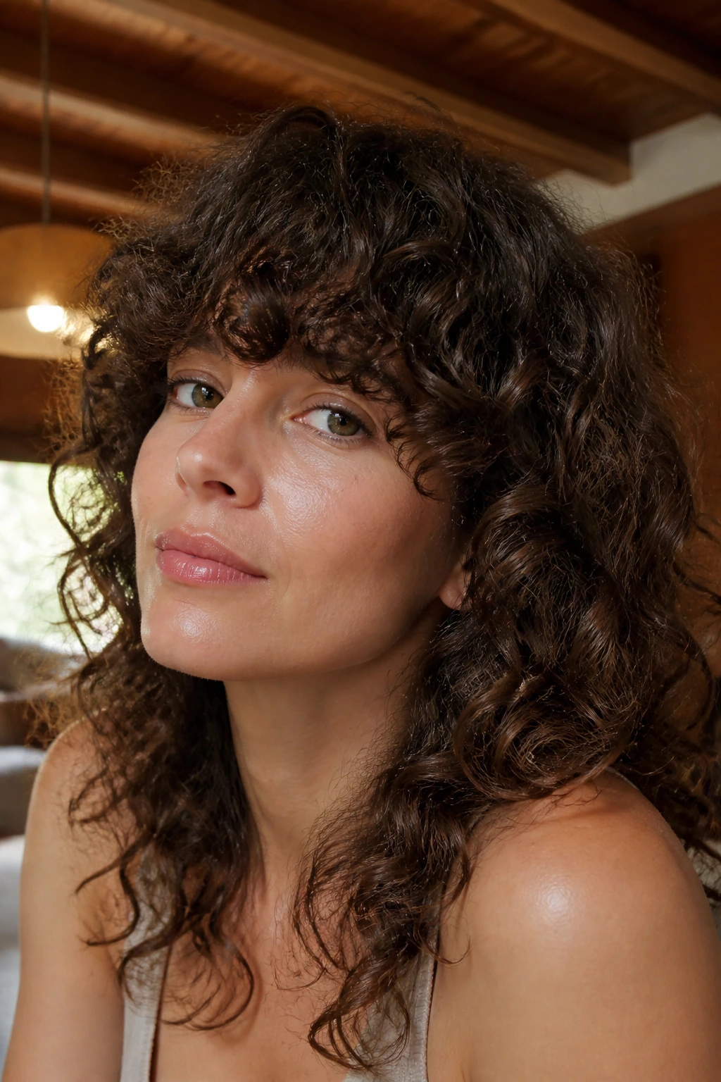 Close-up of heavy blunt-cut ringlet fringe framing the brow on a real woman