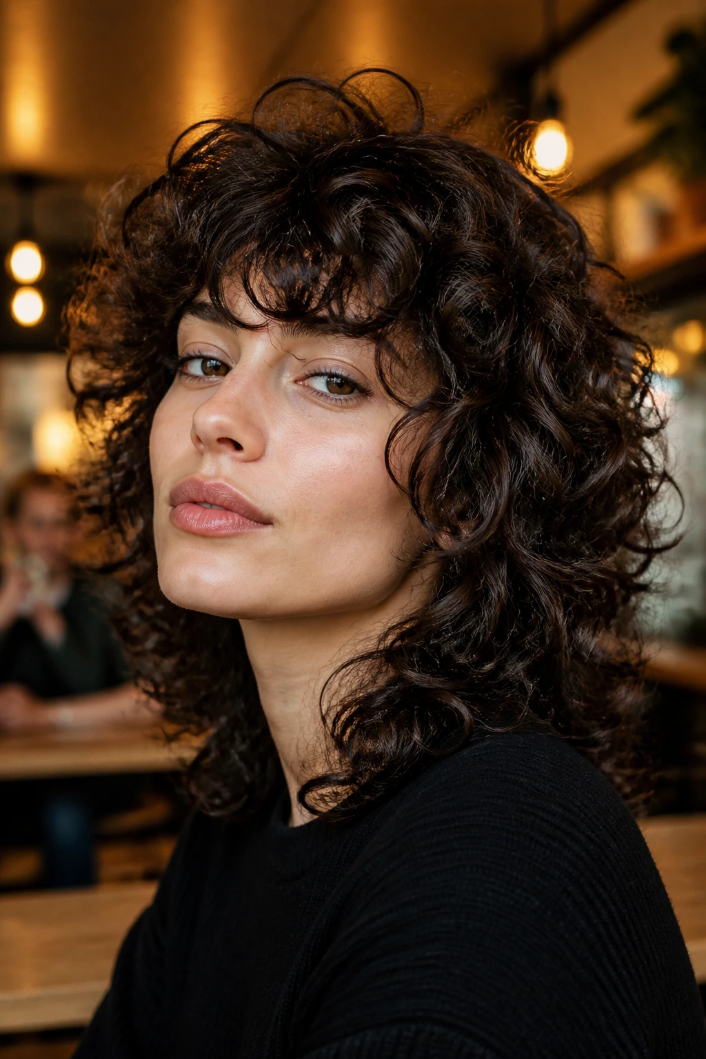Close-up portrait of a real person with blunt-cut shag curls
